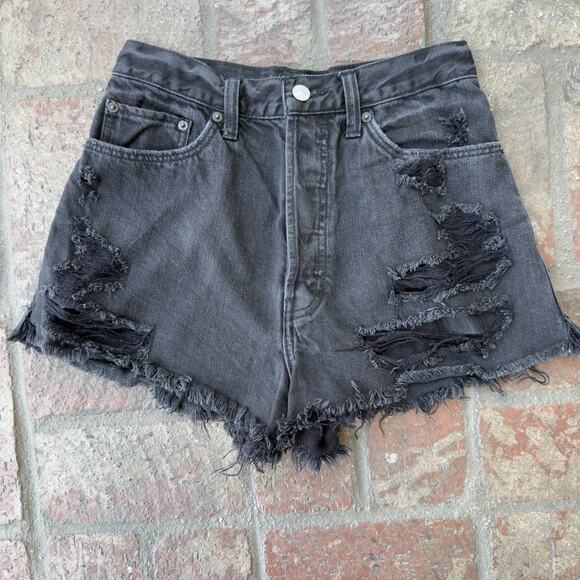 Abercrombie & Fitch Jean Shorts Denim Black Distressed 26 Raw Hem High Waist - Picture 1 of 9